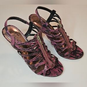 Fergie Jonas Women's Caged High Heels - Fuchsia Reptile Print - Size 10M